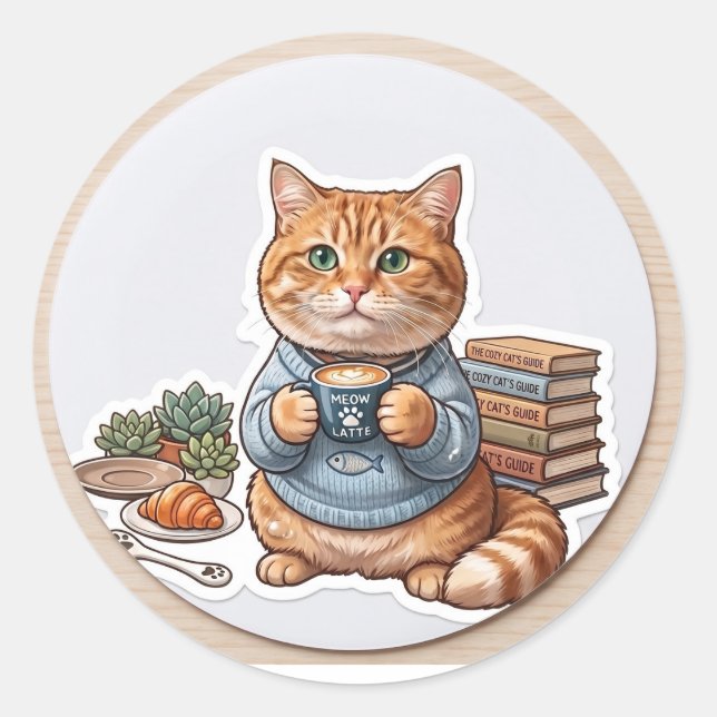 Kaffeekatze 😺 runder aufkleber (Vorderseite)