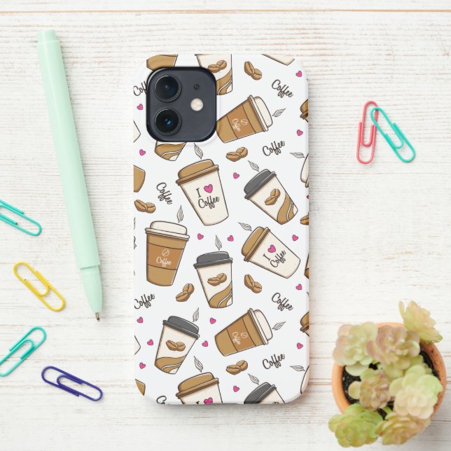 Kaffeekuchen, Kaffeebohnen, Kaffee Lover, Herzen iPhone Hülle (Auf dem Schreibtisch)