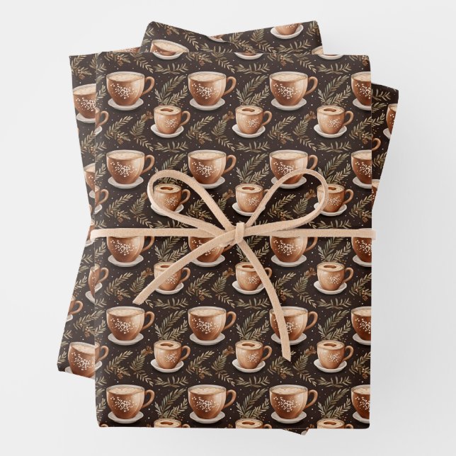 Kaffeekuppen auf Dunkelbraun Geschenkpapier Set (Beispiel)