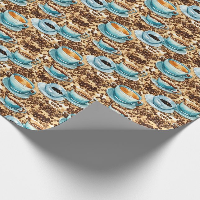 Kaffeekuppen und Bohnen Wasserfarben Muster Geschenkpapier (Ecke)