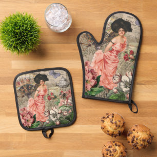 Kaffeemaschine Viktorianische Frau Rosa Klasse Ofenhandschuh & Topflappen-Set