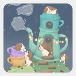 Kaffeemaschine & Welpen Illustration Art Quadratischer Aufkleber