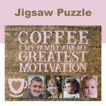Kaffeemotivation 4 Foto braun pink Puzzle<br><div class="desc">Beginnen Sie Ihren Tag mit Freude und Verbundenheit mit diesem anpassbaren 4-Foto-Puzzle! Dieses Puzzle mit dem gefühlvollen Satz "Kaffee und meine Familie sind meine beste Motivation" ist ideal für Kaffeeliebhaber und Familienliebhaber. Personalisieren Sie es mit Ihren Lieblings-Fotos, um es einzigartig zu machen - eine perfekte Mischung aus Spaß, Erinnerungen und...</div>