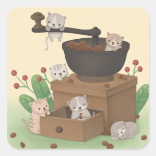 Kaffeemühle & Kätzchen Illustrationskunst Quadratischer Aufkleber