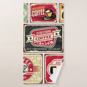 Kaffeeschilder und Etikettenkollektion. Retro und  Badehandtuch