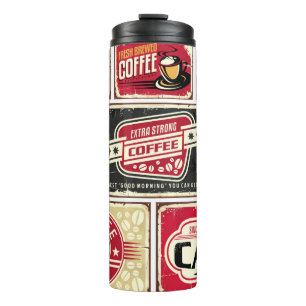 Kaffeeschilder und Etikettenkollektion. Retro und Thermosbecher