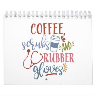 Kaffeeschirbe und Gummihandschuhe für Krankenschw Kalender