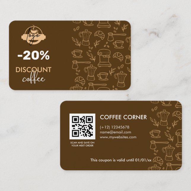 Kaffeeservice Discount Card mit Logo und QR Code Visitenkarte (Vorne/Hinten)