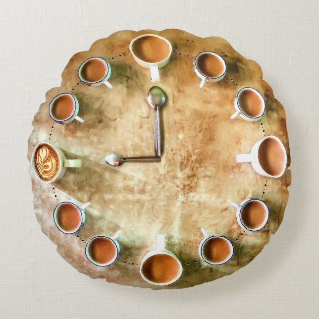 Kaffeetasse Kaffee Uhr rustikal braun Rundes Kissen (Vorderseite)