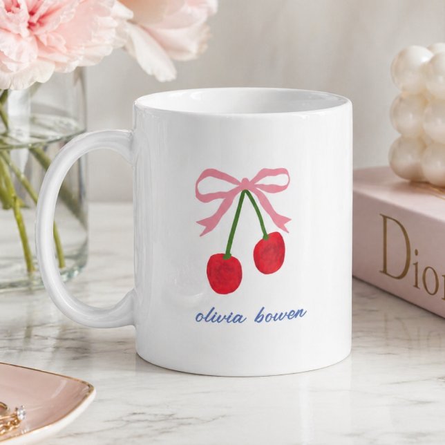 Kaffeetasse | Kirsch Coquette Bogen Süße Illustrat (A cute custom design mug with coquette bow and cherries, perfect for gifting or everyday use)