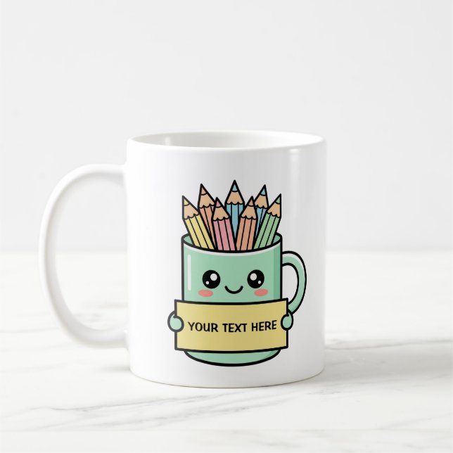 Kaffeetasse mit Bleistiften Leeres Schild Pastell- (Links)