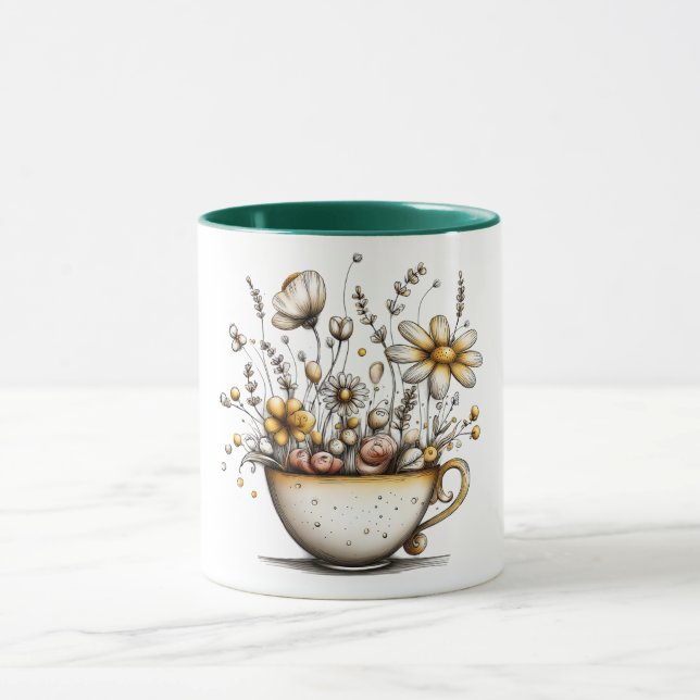 Kaffeetasse mit Blumendesign, die in der Tasse wac (Zentrum)