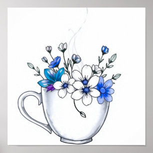 Kaffeetasse mit floraler Dampflinienkunst Poster