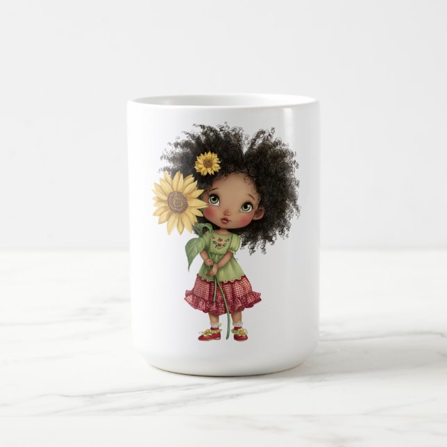 Kaffeetasse mit kleinem Mädchen, das Sonnenblume h (Mittel)