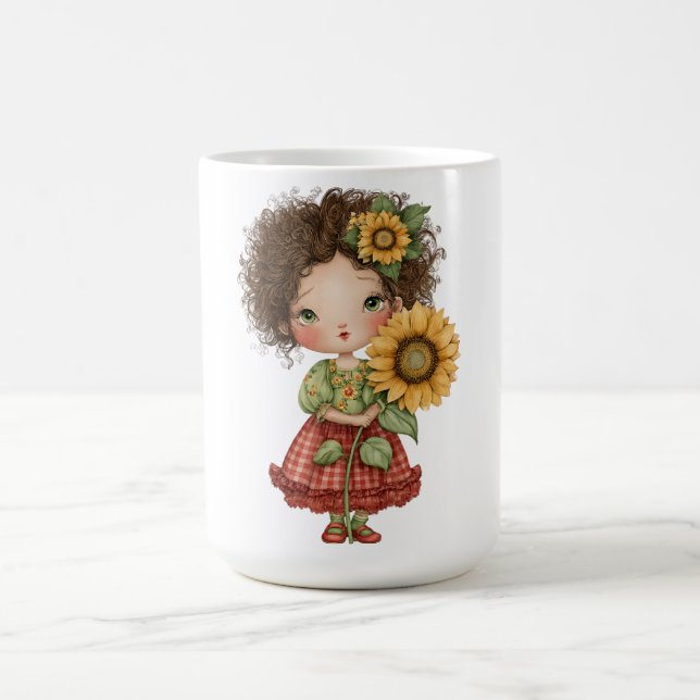 Kaffeetasse mit kleinem Mädchen, das Sonnenblume h (Mittel)