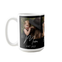 Kaffeetasse mit schwarzem Schriftzug 'Mom Establis