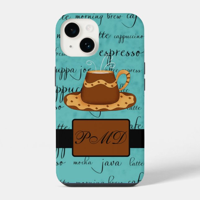 Kaffeetasse Skript Monogramm Name Türkis iPhone Hülle (Rückseite)