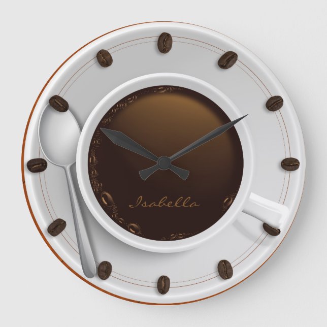 Kaffeetasse-u. Kaffeebohne-mit Monogramm Wand-Uhr Große Wanduhr (Vorderseite)