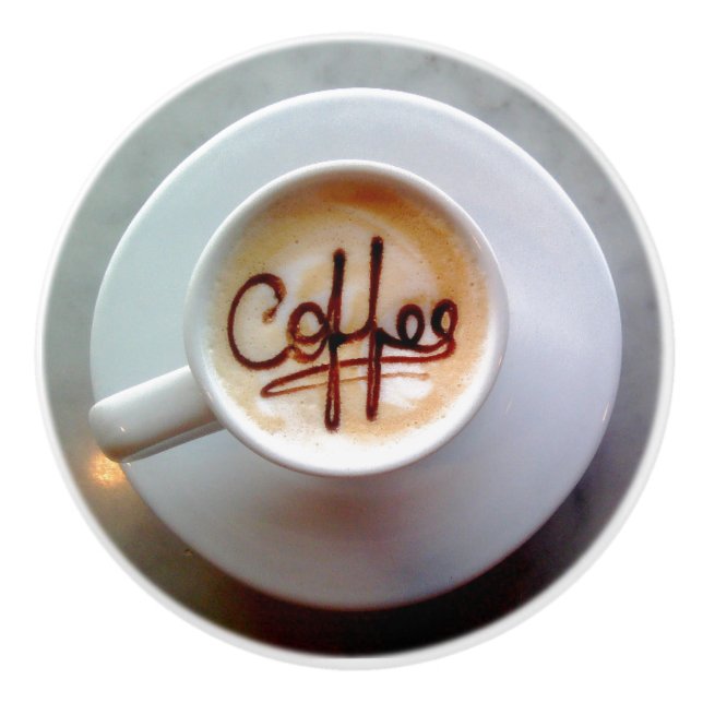 Kaffeetasse und Kaffeemaschine Keramikknauf (Vorderseite)