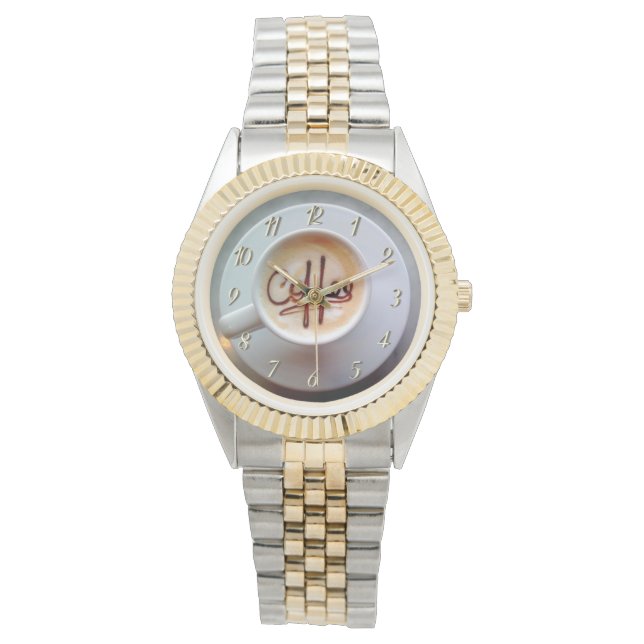 Kaffeetasse und Untertasse Latte-Kaffee braun weiß Armbanduhr (Vorderseite)