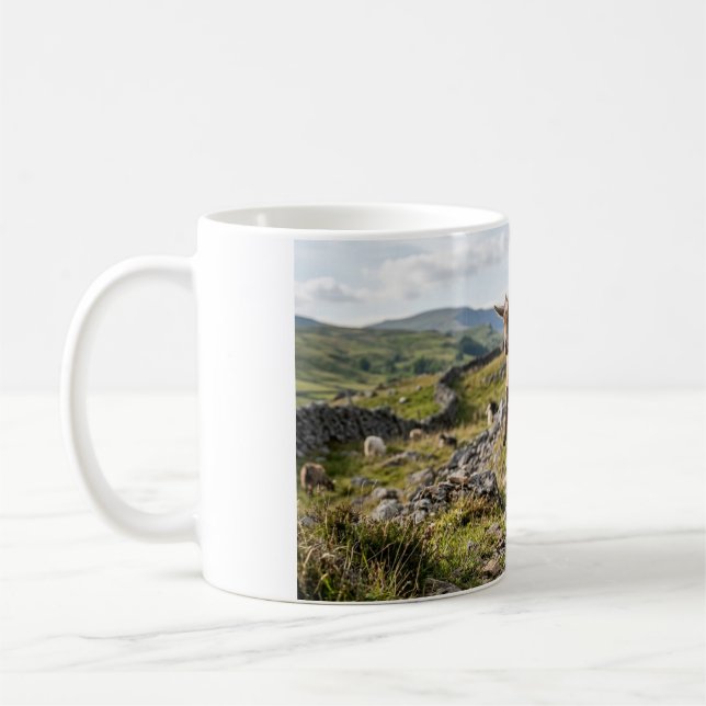 Kaffeetasse Zicklein springt in felsiger Weide (Links)