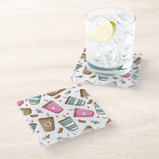 Kaffeetassen, Kaffeebohnen, Herz, Kaffee Lover Glasuntersetzer (Schrägansicht)