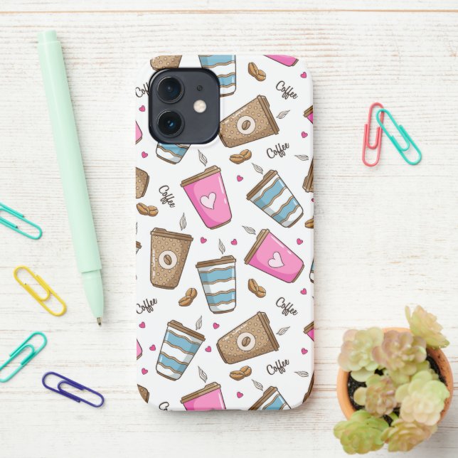 Kaffeetassen, Kaffeebohnen, Herz, Kaffee Lover iPhone Hülle (Auf dem Schreibtisch)