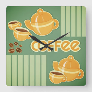Kaffeetassen, Kaffeekanne und Kaffeebohnen Quadratische Wanduhr