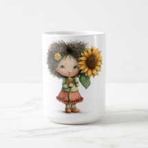 Kaffeetassendesign mit kleinem Mädchen, das Sonnen