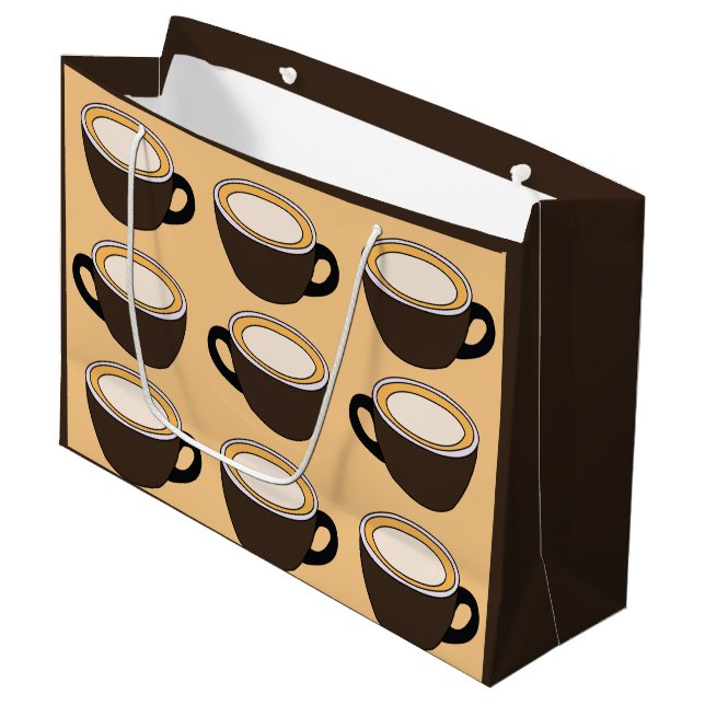 Kaffeetassenmuster Große Geschenktüte (Vorderseite Schrägansicht)