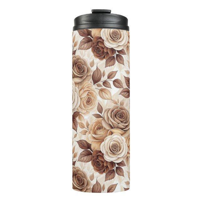 Kaffeetöne Blumenmuster-Rose Thermosbecher (Vorderseite)