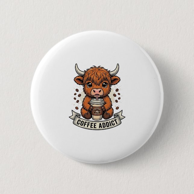 Kaffeetoter süße Highland-Kuh Vintage-Stich Button (Vorderseite)