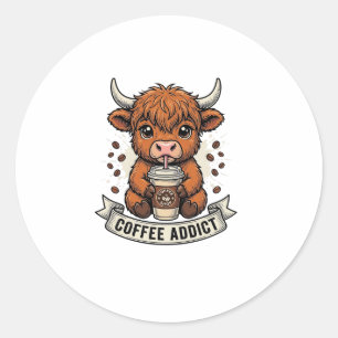 Kaffeetoter süße Highland-Kuh Vintage-Stich Runder Aufkleber