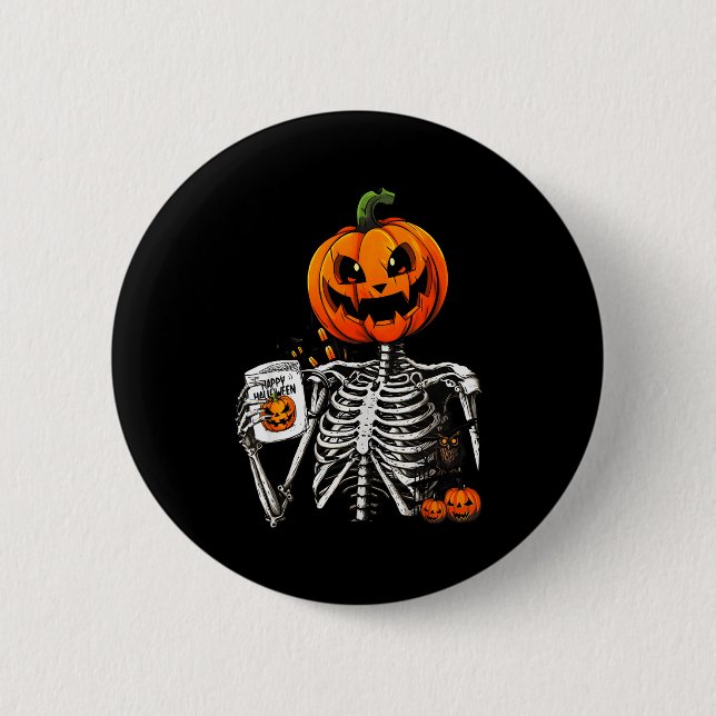 Kaffeetrinkendes Skelett-Kürbis-Halloween-Kostüm Button (Vorderseite)