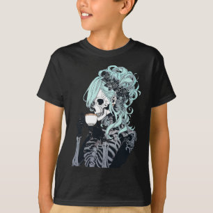 Kaffeetrinkendes Skelett-Unordentlicher-Bun-Hallow T-Shirt
