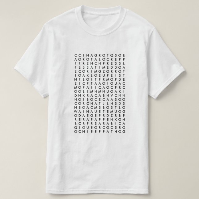 Kaffeewort-Suchpuzzlespiel T-Shirt (Design vorne)