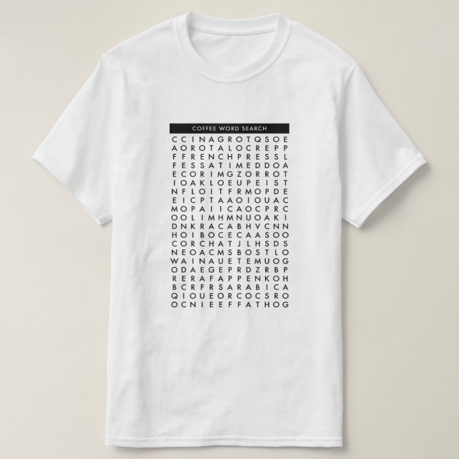 Kaffeewort-Suchpuzzlespiel T-Shirt (Design vorne)