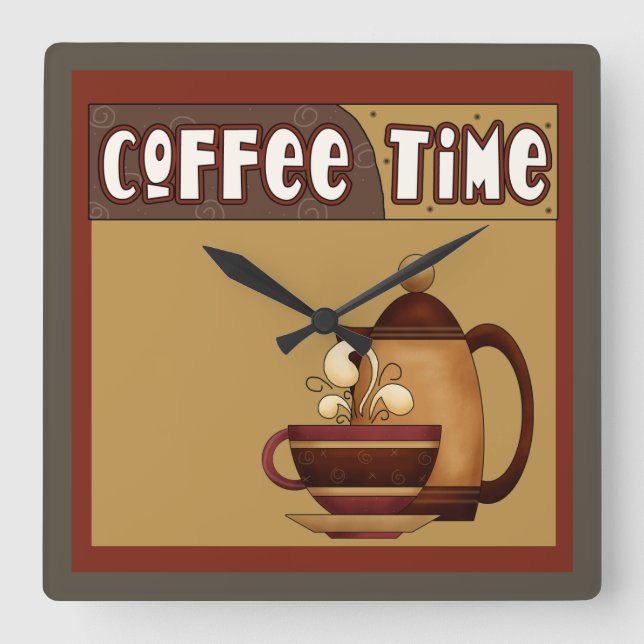 Kaffeezeit Quadratische Wanduhr (Vorderseite)