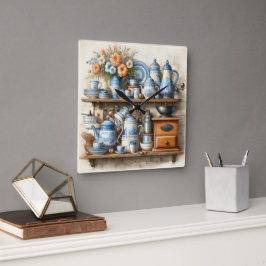 Kaffeezeit Vintager Kaffee Set Blau Weiß Quadratische Wanduhr