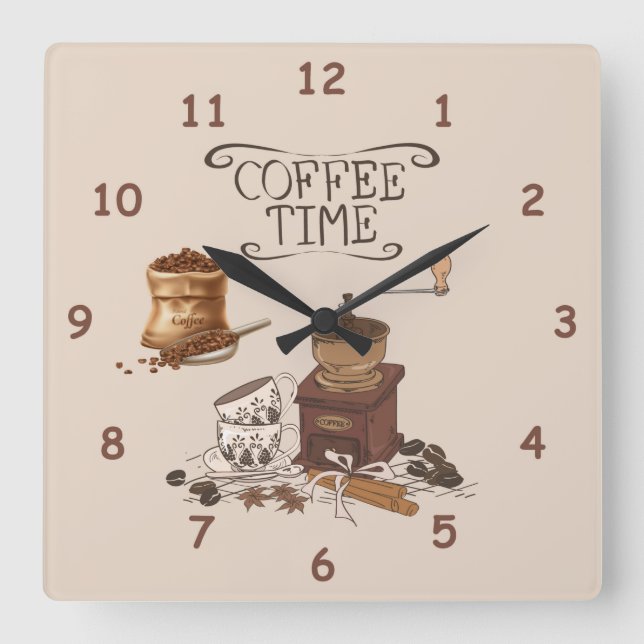 Kaffeezeitschleifer und Tasche mit Kaffeebohnen Quadratische Wanduhr (Vorderseite)