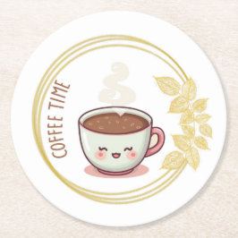 Kaffezeit mit Goldblatt-Unterlage  Runder Pappuntersetzer