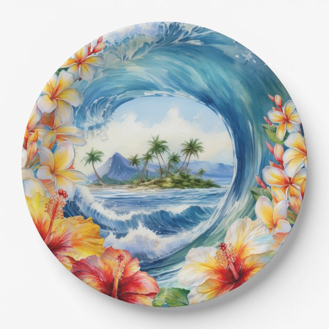 Kai Aloha Hibiskus-Wasserfarbenwelle  Pappteller (Vorderseite)