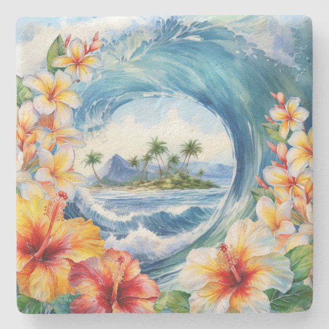 Kai Aloha Hibiskus-Wasserfarbenwelle  Steinuntersetzer (Vorderseite)