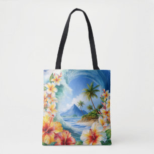 Kai Aloha Hibiskus Watercolor Wave Beach Bag