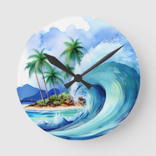 Kai Aloha Island Watercolor Wave Runde Wanduhr