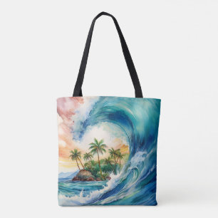 Kai Aloha Motu Watercolor Wave Beach Bag