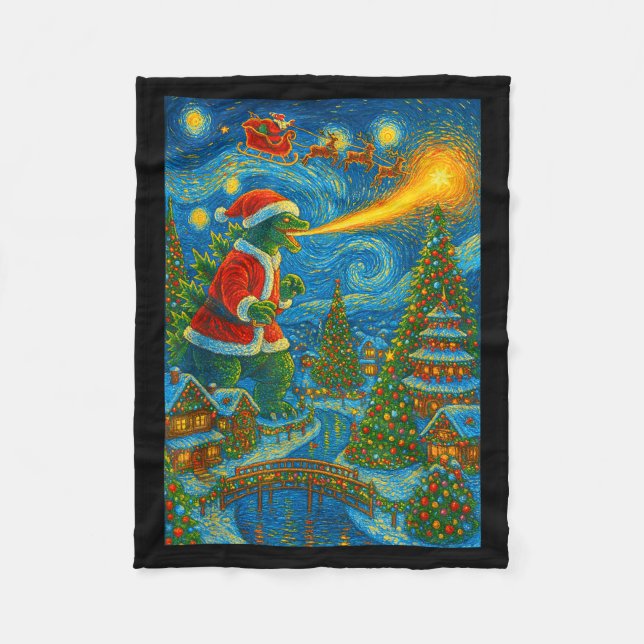 Kaiju Christmas Van Gogh Starry Night Japanese Mon Fleecedecke (Vorderseite)