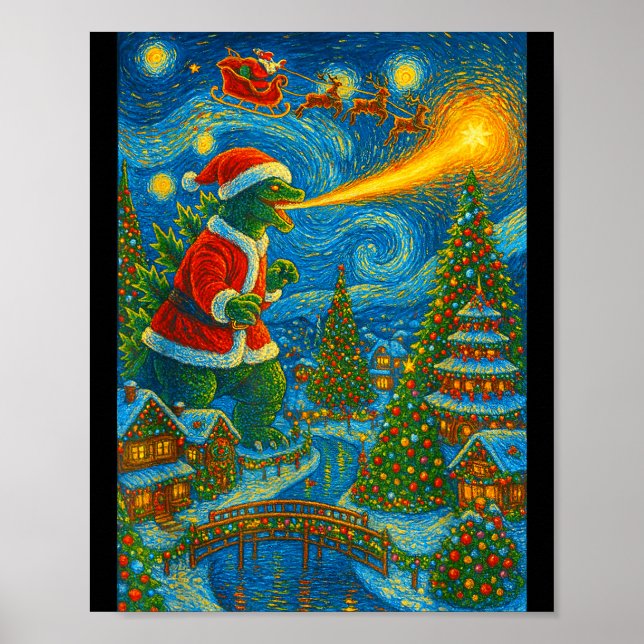 Kaiju Christmas Van Gogh Starry Night Japanese Mon Poster (Vorne)