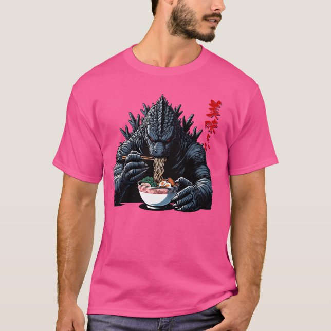 Kaiju Eating Ramen Oishi Funny Japanisches Monster T-Shirt (Vorderseite)