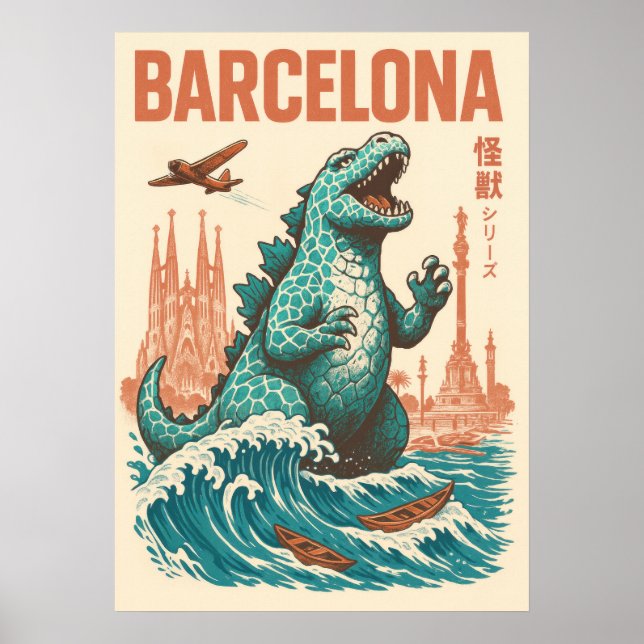 Kaiju Invasion Barcelona – Vintage Sci-Fi Art Poster (Vorne)